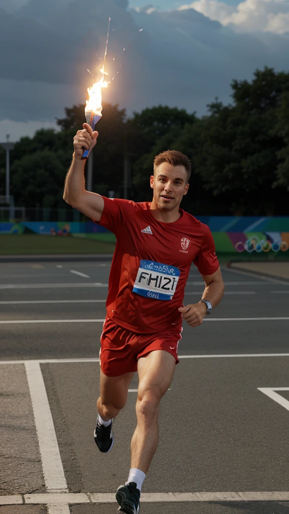 A man running to a finsh line with a Olympics torch in his right hand