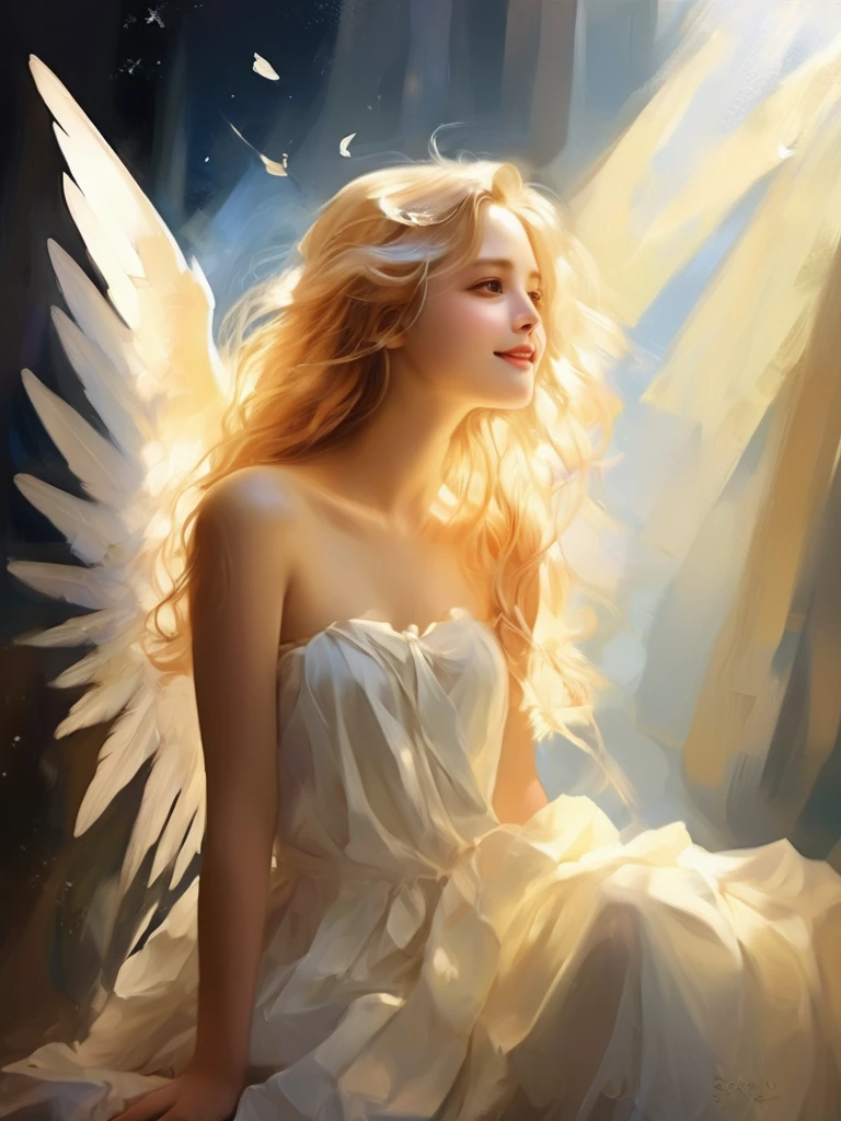 1 Angel Girl, Wings on your back、Blonde, Long Hair, alone、smile、magic, Strapless White Dress、Hopeful Face、