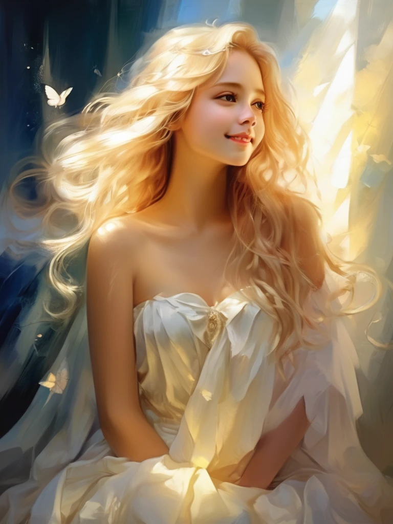 1 Angel Girl, Wings on your back、Blonde, Long Hair, alone、smile、magic, Strapless White Dress、Hopeful Face、