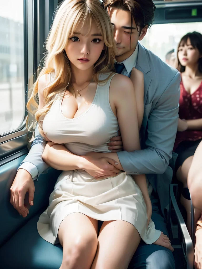 A woman in a tank top showing cleavage and a man in a suit are sitting on a bus and embracing each other, A man hugs a woman from behind、Man reaching out to woman from behind、The man's hands are on the woman's chest、Korean Girls, beautiful south Korean women, gorgeous young Korean women, beautiful young Korean women, Beautiful blonde girl, Blonde Goddess, Japanese Model, Korean women, korean female fashion model, Japanese Goddess, Attractive pose, Cute and elegant pose、The man is a Japanese man in his 40s with short hair wearing a suit、