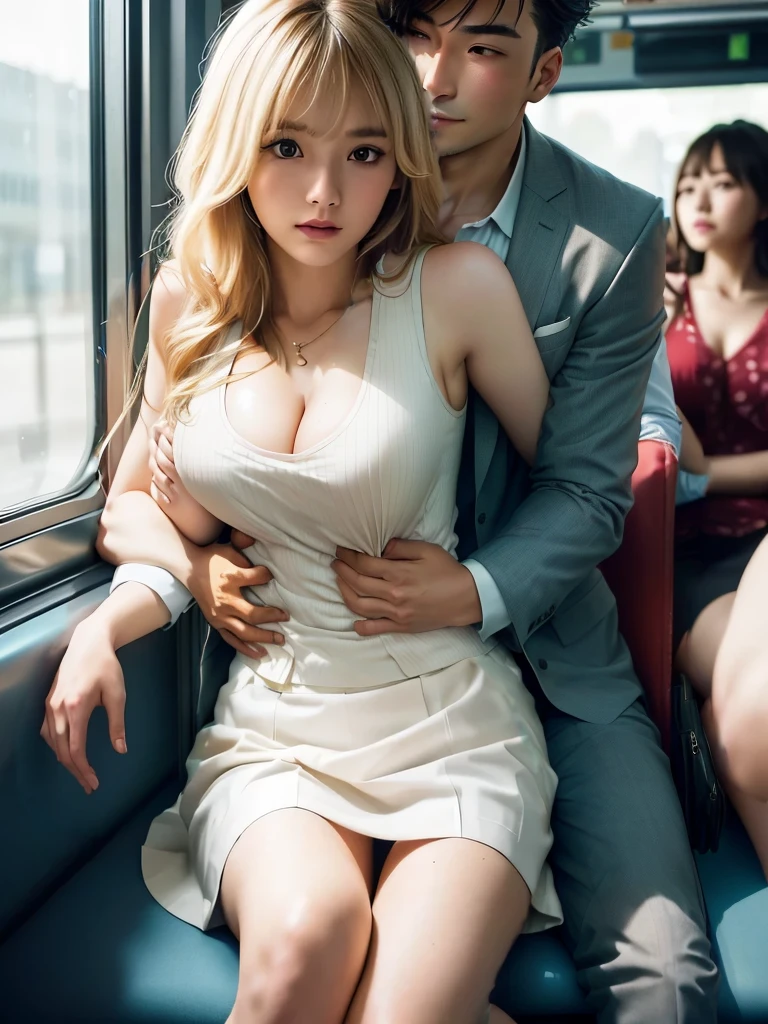 A woman in a tank top showing cleavage and a man in a suit are sitting on a bus and embracing each other, A man hugs a woman from behind、Man reaching out to woman from behind、The man's hands are on the woman's chest、Korean Girls, beautiful south Korean women, gorgeous young Korean women, beautiful young Korean women, Beautiful blonde girl, Blonde Goddess, Japanese Model, Korean women, korean female fashion model, Japanese Goddess, Attractive pose, Cute and elegant pose、The man is a Japanese man in his 40s with short hair wearing a suit、