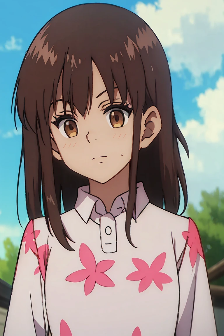 (masterpiece, best quality:1.2), 1girl, yumiko koizumi, asymmetrical bangs, bangs, black hair, blue sky, brown eyes, brown hair, cloud, cloudy sky, dress, eyebrows visible through hair, floral print, long hair, long sleeves, looking at viewer, outdoors, shirt, sky, tree, upper body, white shirt