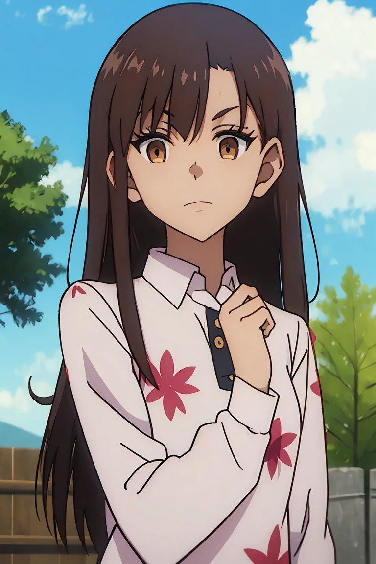 (masterpiece, best quality:1.2), 1girl, yumiko koizumi, asymmetrical bangs, bangs, black hair, blue sky, brown eyes, brown hair, cloud, cloudy sky, dress, eyebrows visible through hair, floral print, long hair, long sleeves, looking at viewer, outdoors, shirt, sky, tree, upper body, white shirt