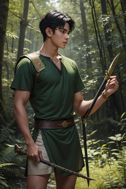 handsome teenager wearing very short green Roman tunic and holding spear, very short black hair, forest background