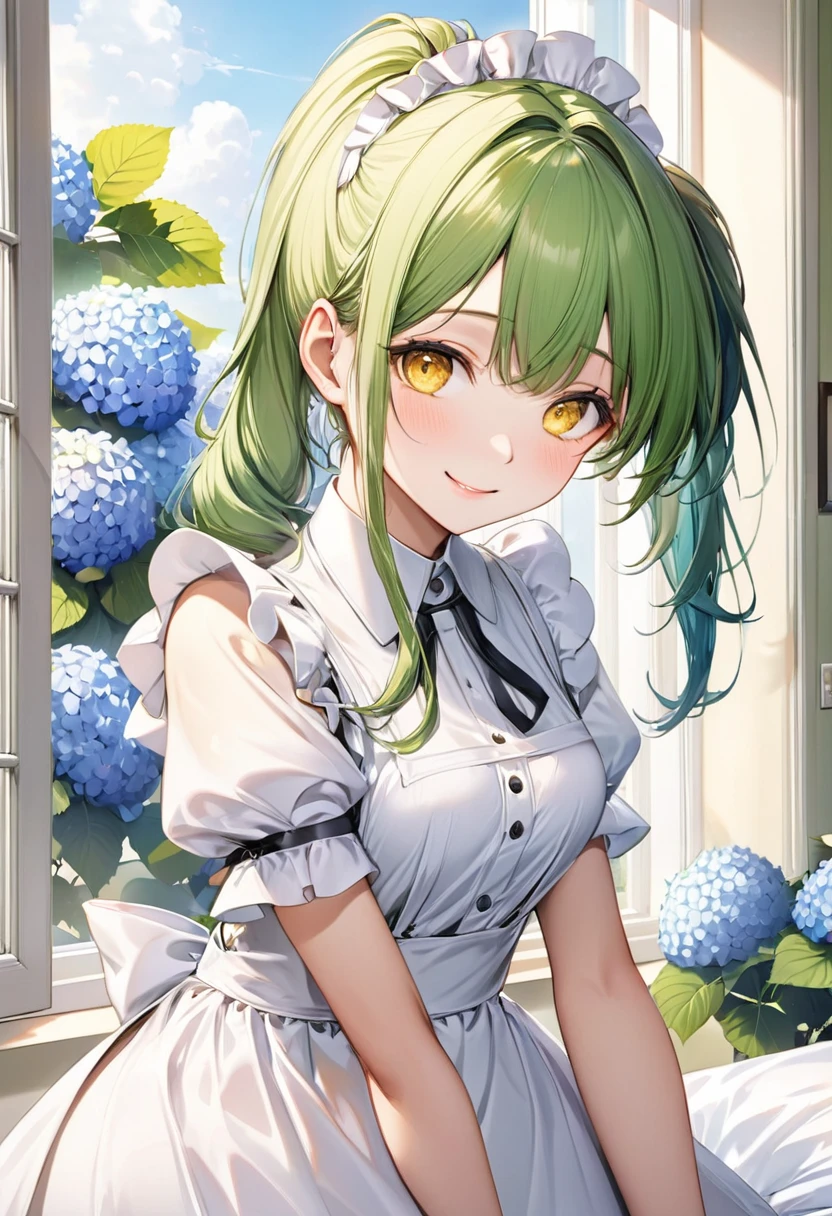(close up face) (15 yo, solo ponytail green hair long hair divine cute girl, cute cool yellow eyes, love smile, medium tits), (in a summer maid clothes), break, (in the simple bedroom, background Through the window, out side A cluster of hydrangeas), BREAK, perfect anatomy, masterpiece, best quality, 16k, beautiful detailed grow, daydreaming expression.