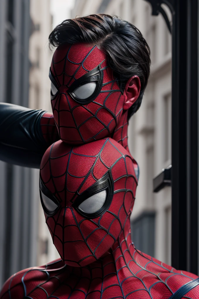 A photograph of Spider-Man., sin mascara, the 20s, elegant, detailed face, looking to the camera, portrait, 8k hd, high quality