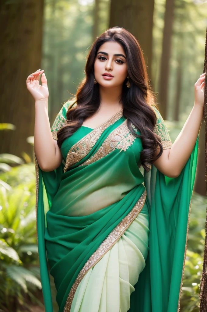 1 Heavenly beautiful and goddess beauty cute and sweet looking face Arabian woman in front of green forest, Heavenly beautiful Overweight, Heavenly beautiful Extremely fat, Heavenly beautiful and attractive Chubby figure , Heavenly beautiful looking and eye catching luxury style saree , reaching out, Heavenly beautiful Arabian woman, 16k, High resolution, masterpiece, highest quality, fine skin, close up figure view, Realistic Photograph