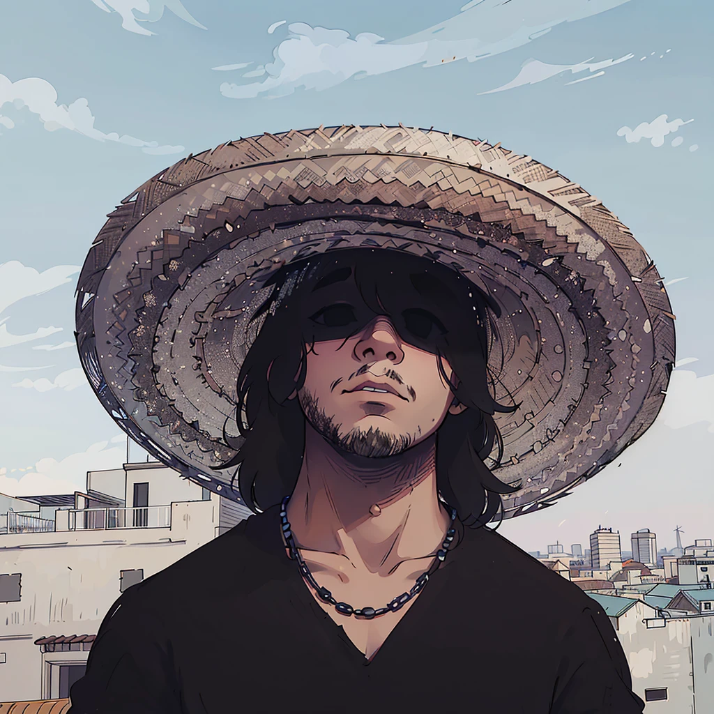 A man is standing outdoors under a clear blue sky with a few wispy clouds. He is wearing a large, woven straw sombrero that casts a shadow over his face, partially obscuring it. He has medium-length dark hair and is wearing dark sunglasses, giving him a mysterious and cool appearance. His expression is serious, with a slightly tilted head. He is dressed in a black shirt with a simple design and a black beaded necklace. The background shows a houses, mexico city. The lighting is natural daylight, highlighting the textures of the hat and the man's facial features while creating a contrast between the shadows and the bright sky. The overall style of the image is casual with a hint of ruggedness, and the color palette is dominated by neutral tones with accents of black and brown.
