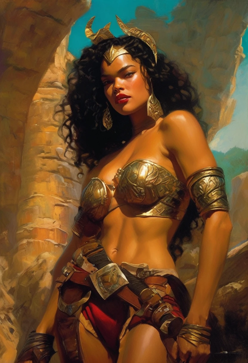 Illustrations similar to the work of Frank Frazetta, Portrays a woman( (Aesthetic representation of Tessa Thompson),Kale),with fierce armor,((breasts showing,without bra)(important)),Sensual and perfect body curves(A fat chest),(sweat,warmth,oily body),Sexy water snake waist,Sensation of sexy peach skin on the buttocks,light skin texture(Advanced skin details:1.1)perfect supermodel face,Sensual red lips,charming smile,The exquisite facial features in thumb.Perfect Goddess,Works of exquisite and intricate detail,finest masterpiece,bold and intense colors,determinate expression, dramatic lighting, Epic Atmosphere - V 5 - Style 1000
