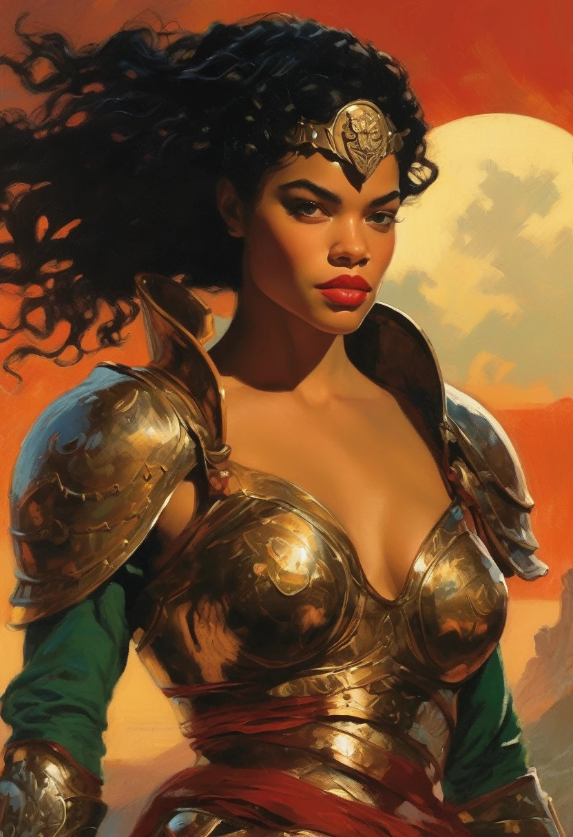 Illustrations similar to the work of Frank Frazetta, Portrays a woman( (Aesthetic representation of Tessa Thompson),Kale),with fierce armor,((breasts showing,without bra)(important)),Sensual and perfect body curves(A fat chest),(sweat,warmth,oily body),Sexy water snake waist,Sensation of sexy peach skin on the buttocks,light skin texture(Advanced skin details:1.1)perfect supermodel face,Sensual red lips,charming smile,The exquisite facial features in thumb.Perfect Goddess,Works of exquisite and intricate detail,finest masterpiece,bold and intense colors,determinate expression, dramatic lighting, Epic Atmosphere - V 5 - Style 1000