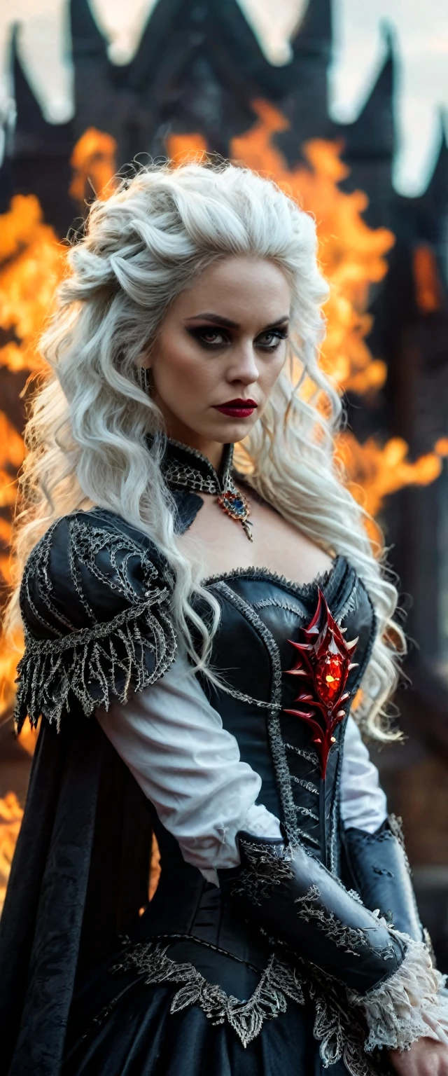 Aux hells, au sommet d’un immense pilier gigantesque se trouve le trône de pouvoir de la reine des hells, la femme de dracula, throne of power, hells, flames, white dreadlocks hair, flames rouges sang