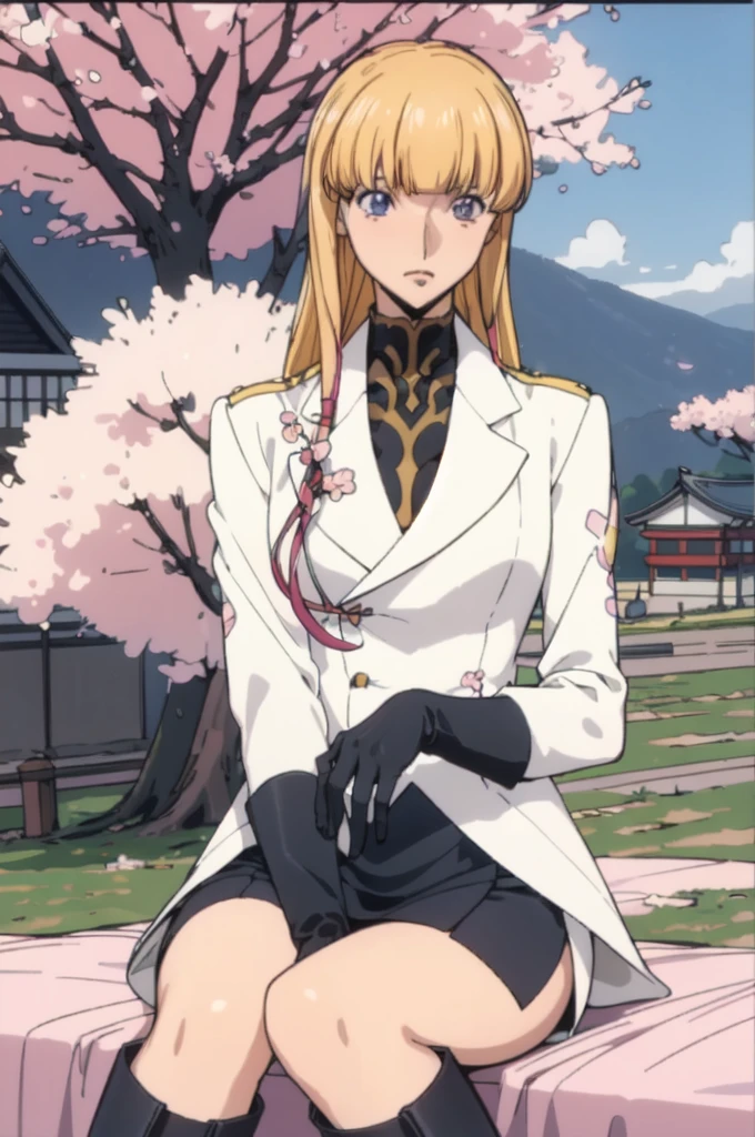 masterpiece, Highest quality, One girl, alone, military, uniform, skirt, gloves, Knee Boots, Blonde, blue eyes, Blunt bangs, ribbon, Long Hair, chest, Side Lock, Hair Tube, Yellow Hair, Sitting, blue eyes, {{{Sitting with Knees Up on sofa at living, spread legs:1.4}}},{{{skirt lift:1.5, show off mesh blue Panties:1.4,cameltoe:1.25}}},Kyoto Animation Screencap, ((Flowering cherries)), Floating Cherry Blossoms, Fujiyama, Distant Mountain, [[[blue sky]]], sunlight, [[river]], [[[gloves]]], Pink Tree,