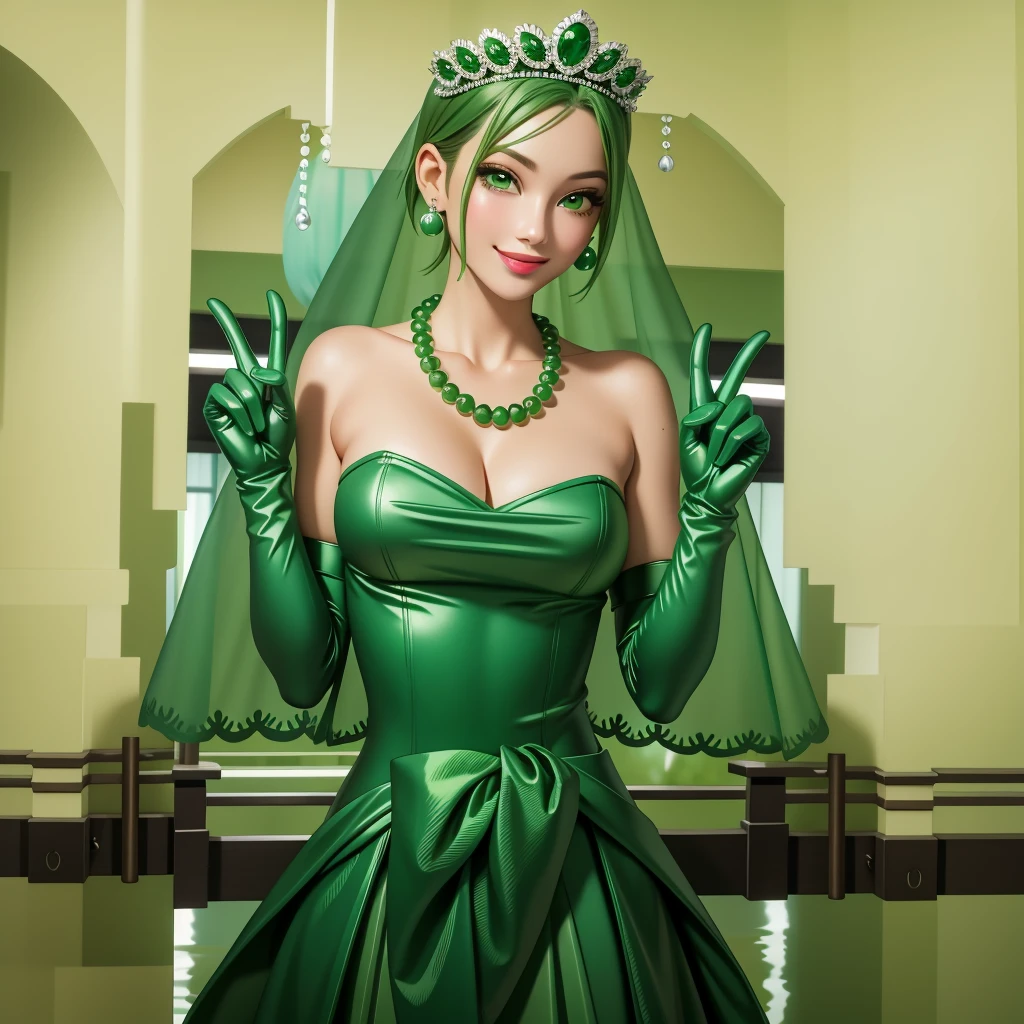 Emerald tiara, Green Pearl Necklace, ボーイッシュな非常に短いGreen Hair, Green Lips, Smiling Japanese woman, Very short hair, Busty beautiful lady, Green Eyes, Green satin long gloves, Green Eyes, Emerald Earrings, Green veil,V sign, Green Hair, Beautiful Japanese Woman, green lip gloss