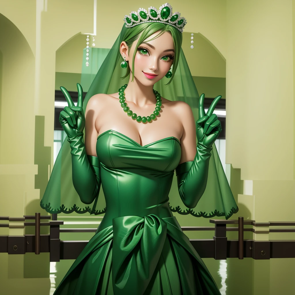 Emerald tiara, Green Pearl Necklace, ボーイッシュな非常に短いGreen Hair, Green Lips, Smiling Japanese woman, Very short hair, Busty beautiful lady, Green Eyes, Green satin long gloves, Green Eyes, Emerald Earrings, Green veil,V sign, Green Hair, Beautiful Japanese Woman, green lip gloss