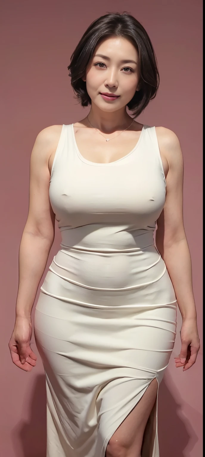 ((The most beautiful and sexy mother in Japan))、((A face that has a maternal, motherly feel))、((A kind face with worried eyebrows))((Beautiful black bob hair))((Wearing a sleeveless high-necked top))、((The hottest slightly saggy breasts in Japan))、((A body that fulfills all sexual desires))、((Super erotic))、((Against a simple pink wall))、((32K ultra-high definition))、((A body like a gravure idol))、((Perfect Body))、((Thin, tight-fitting high-neck dress))、((White dress))、((Extremely soft breasts))、((Nice breasts that can be seen even on top of clothes))、((Purunpurun's))、((A sleeveless dress that fits perfectly and shows off the shape of your buttocks))、((Obscene Armpits))、((With an angelic smile))、((Full body photo))