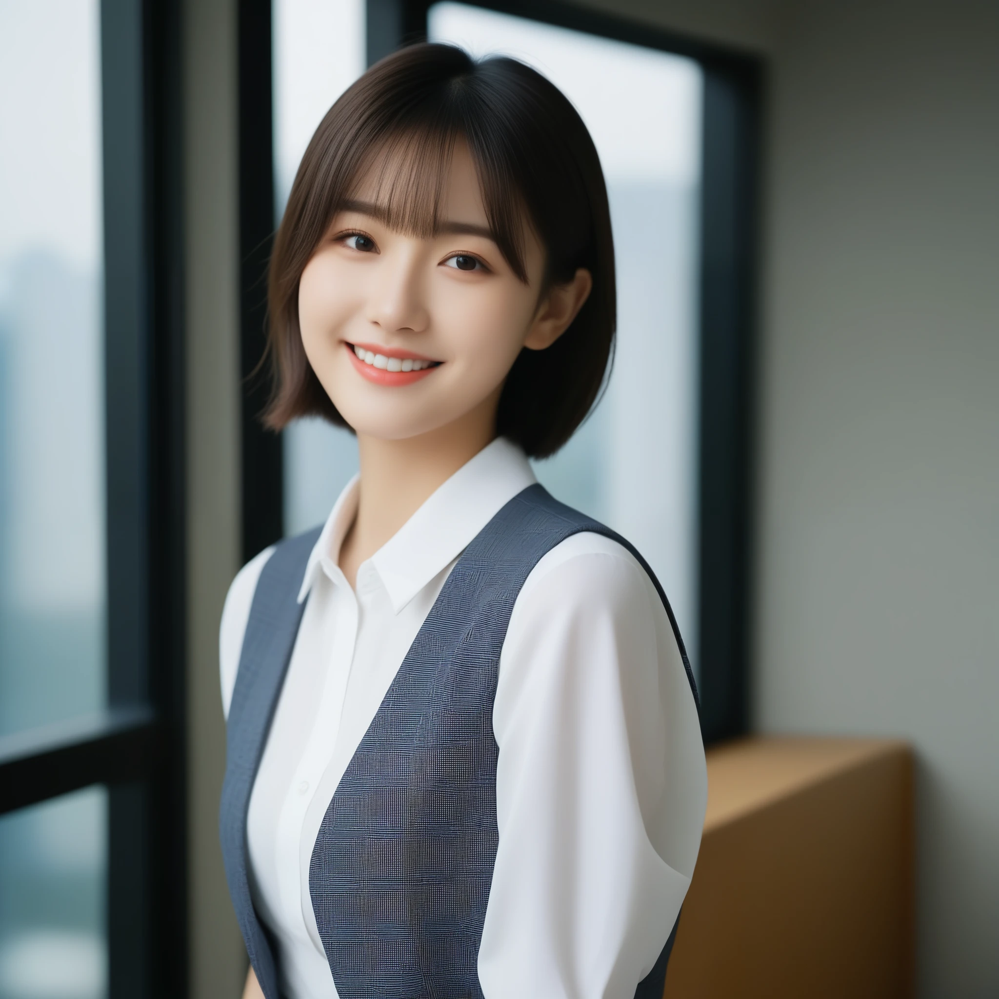 8K, Ultra-high resolution, Highest quality, masterpiece, 三分割法によるphotograph,Surreal, photograph, 1 girl, (:1.3), pretty girl, Cute face, Beautiful eyes in every detail, 細かくdetailedに,masterpiece,, One Girl:1.2, Japan Female Announcer,whole body、Black Hair、well-groomed eyebrows、Cute Lip Makeup,1 Woman Standing, office worker, (White and grey checked vest:1.2) (Navy pencil skirt) , (Modern office indoors), Cityscape of windows, detailedな背景,Cute gestures、so beautiful,A carefree smile,Healing the heart,blunt bangs,Looking at the audience、beauty,Long neck、Laugh a little、Please close your mouth and laugh、(((Ideal body type))),A-cup small breasts :2,、Portraiture:2、Perfect Anatomy、鮮明なdetailed、detailed、Surreal、Light and shadow,Strong light