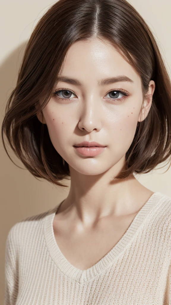 masutepiece, Best Quality, Photorealsitic, finely detail, hight resolution, 8K Painting Wall, Perfect dynamic composition, Beautiful detailed eyes, Chubby adult woman in light V-neck knit, bobhair, Look at viewers