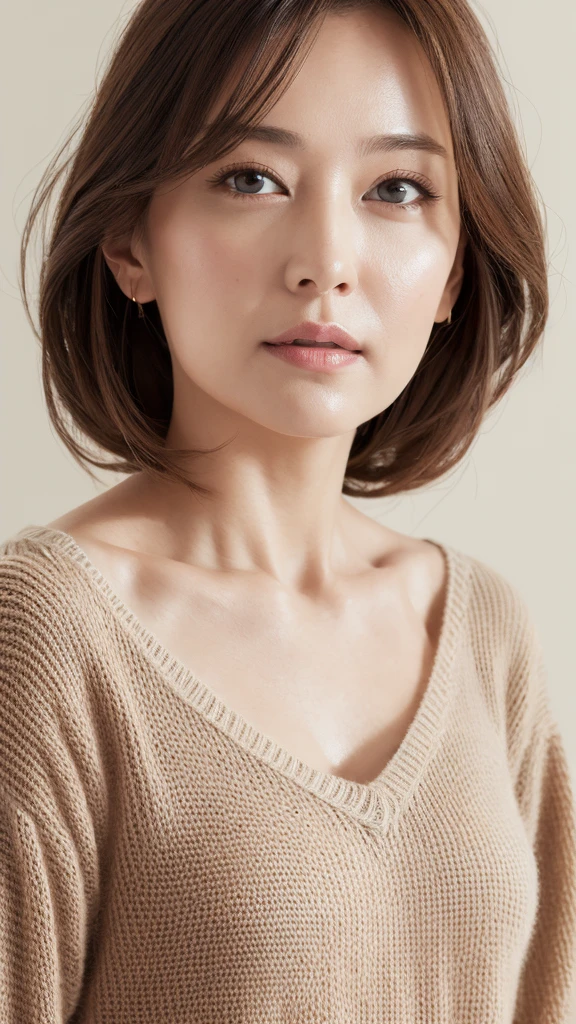 masutepiece, Best Quality, Photorealsitic, finely detail, hight resolution, 8K Painting Wall, Perfect dynamic composition, Beautiful detailed eyes, Chubby adult woman in light V-neck knit, bobhair, Look at viewers