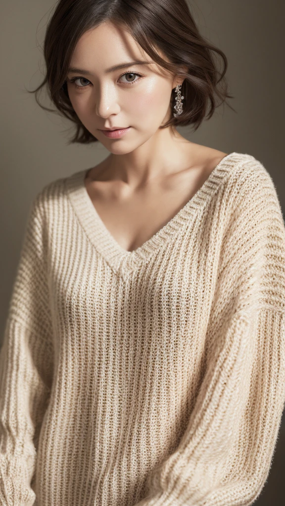 masutepiece, Best Quality, Photorealsitic, finely detail, hight resolution, 8K Painting Wall, Perfect dynamic composition, Beautiful detailed eyes, Chubby adult woman in light V-neck knit, bobhair, Look at viewers
