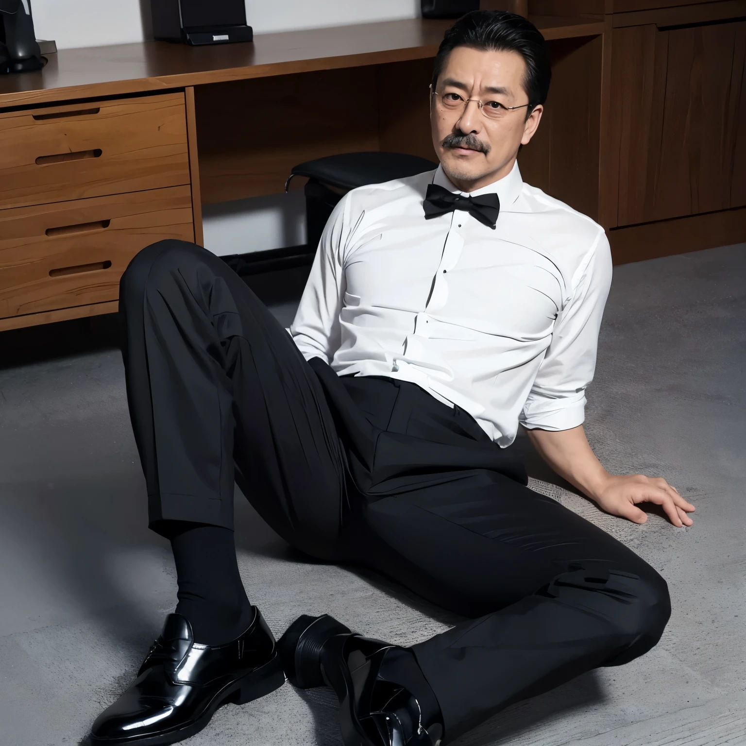 55 years old，Kogoro Mori，uncle，，Convex，in office，Wear black socks，anti-slip leather shoes，beard，toughness，Drooling in the mouth，HD，artwork，Charming and sexy expression pose，full of enjoyment，Very shy，exposed，Spread your legs and straighten them，Wear a suit，Trousers，A large protrusion with masculine characteristics，Wear black socks，The crotch has columnar protrusions，Sole viewing angle，Floor perspective, Ecstasy expression/gender，Sweating