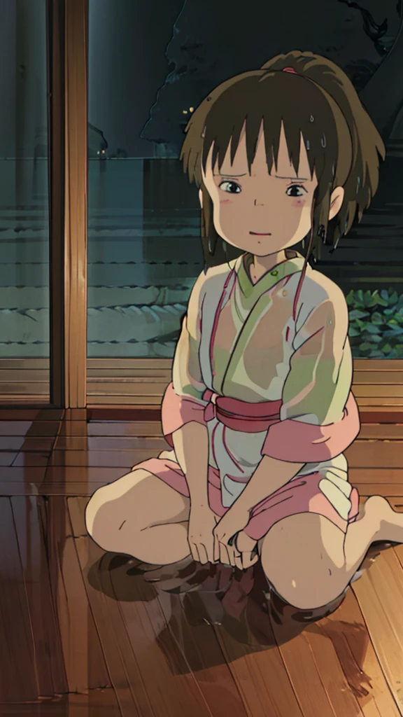 Chihiro Ogino, (Young girl:1.3), (:1.3), Ghibli style, One girl,, bangs, Iris, Black Hair, blush, alone, Happy , School swimming pool, spread legs, indoor, naughty face, (night:1.3), Nude, nsfw, necklace, ponytail, (A wet and transparent kimono:1.5), Showing off her chest, Sitting, spread legs, Showing her nipples
