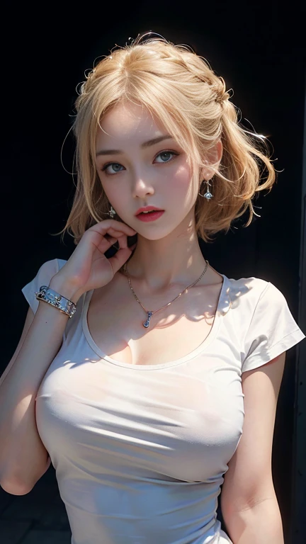 (8K Photo:1.1), Professional Lighting, (Nylon tight T-shirt), (Masterpiece of the highest quality), ( Exquisitely detailed face), ( 珰, bracelet, necklace), High detail, wear (Big Breasts), Beautifully detailed face, Hazel Eyes, Short blonde, (attractive若い女性:1.3), (attractive:1.1), (blush:1.1), Hourglass-shaped body shape, Wide Hips