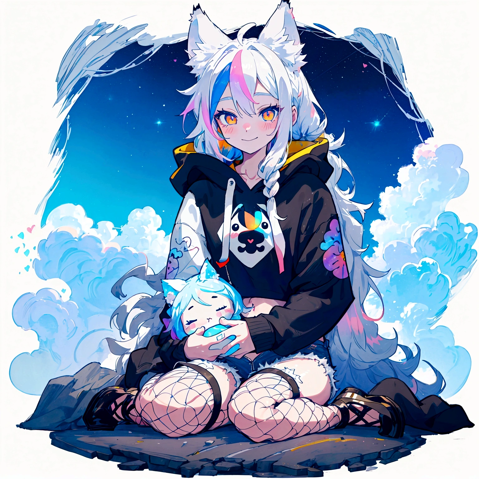 a cute adult male with wolf ears, long white hair, long locks, has a wolf tail, wearing a loose cropped black hoodie, wearing a pair of denim short shorts and fishnet stockings, thick thighs, wide hips, relaxing on mountain of fluffy multi colored kawaii plushies, short, very slim, showing slender tummy, heart on hoodie, squishy thighs, has glowing blue eyes. alone, solo (ALONE)(SOLO), surrounded by rainbows, colorful galaxy backround, smiling, ontop of a pile of fluffy plushes, plushies everywhere, kawaii plushies