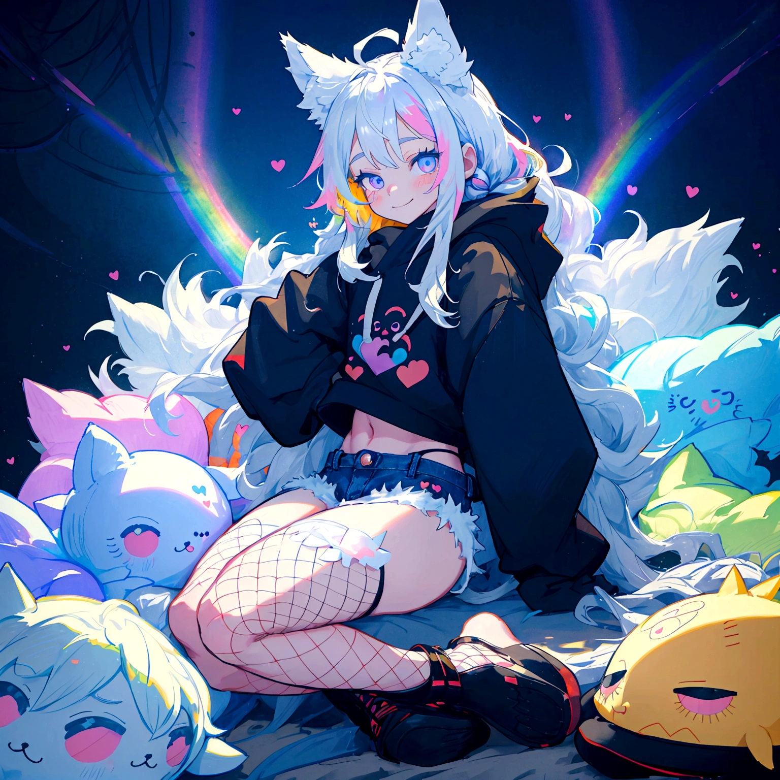 a cute adult male with wolf ears, long white hair, long locks, has a wolf tail, wearing a loose cropped black hoodie, wearing a pair of denim short shorts and fishnet stockings, thick thighs, wide hips, relaxing on mountain of fluffy multi colored kawaii plushies, short, very slim, showing slender tummy, heart on hoodie, squishy thighs, has glowing blue eyes. alone, solo (ALONE)(SOLO), surrounded by rainbows, colorful galaxy backround, smiling, ontop of a pile of fluffy plushes, plushies everywhere, kawaii plushies