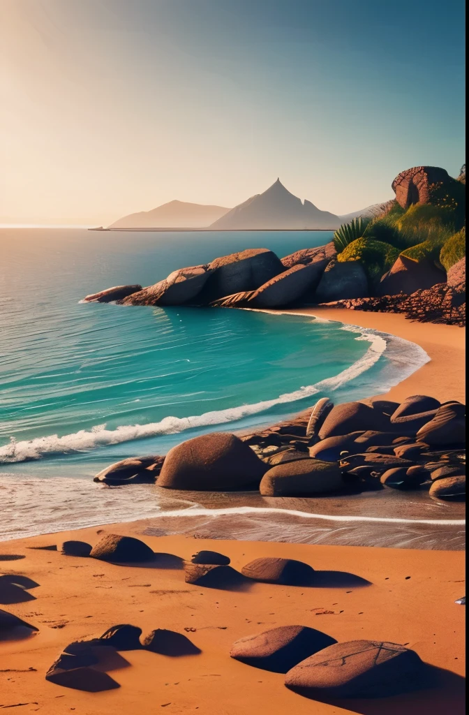 a view of a beach with rocks and water in the middle, by Mike Winkelmann, by Mike "Beeple" Winkelmann, realism | beeple, beeple |, wide angle fantasy art, beeple and mike winkelmann, by Beeple, by Martin Deschambault, surrealism!!!!! concept art
