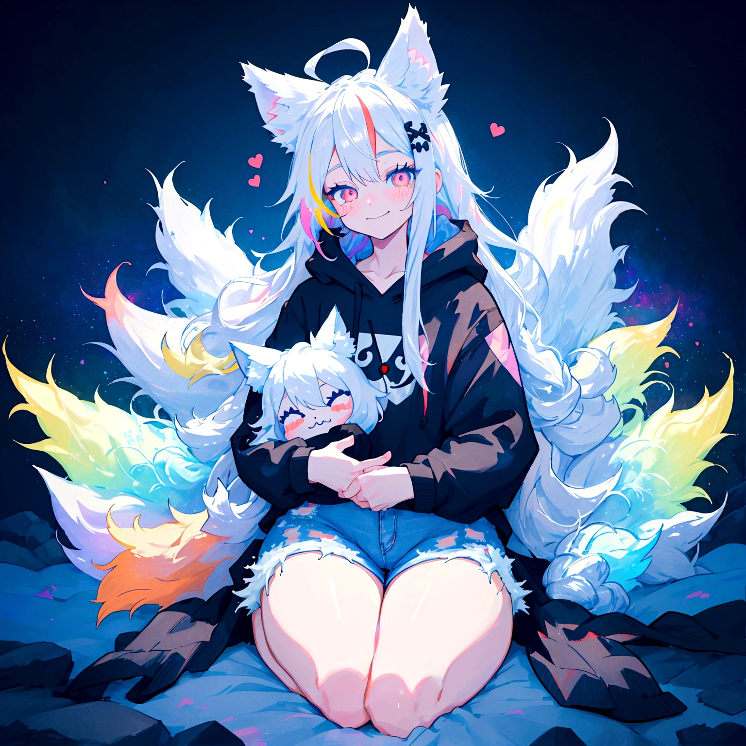 a cute adult male with wolf ears, long white hair, long locks, has a wolf tail, wearing a loose cropped black hoodie, wearing a pair of denim short shorts and fishnet stockings, thick thighs, wide hips, relaxing on mountain of fluffy multi colored kawaii plushies, short, very slim, showing slender tummy, heart on hoodie, squishy thighs, has glowing blue eyes. alone, solo (ALONE)(SOLO), surrounded by rainbows, colorful galaxy backround, smiling, ontop of a pile of fluffy plushes, plushies everywhere, kawaii plushies