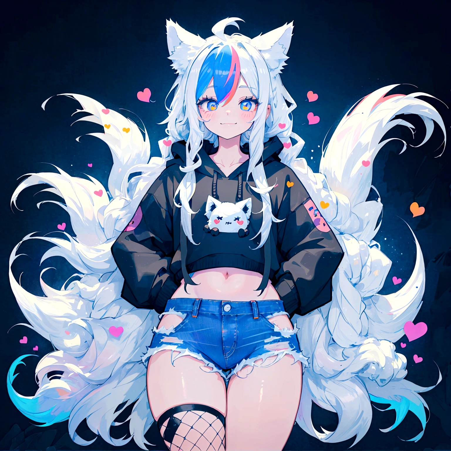 a cute adult male with wolf ears, long white hair, long locks, has a wolf tail, wearing a loose cropped black hoodie, wearing a pair of denim short shorts and fishnet stockings, thick thighs, wide hips, relaxing on mountain of fluffy multi colored kawaii plushies, short, very slim, showing slender tummy, heart on hoodie, squishy thighs, has glowing blue eyes. alone, solo (ALONE)(SOLO), surrounded by rainbows, colorful galaxy backround, smiling, ontop of a pile of fluffy plushes, plushies everywhere, kawaii plushies