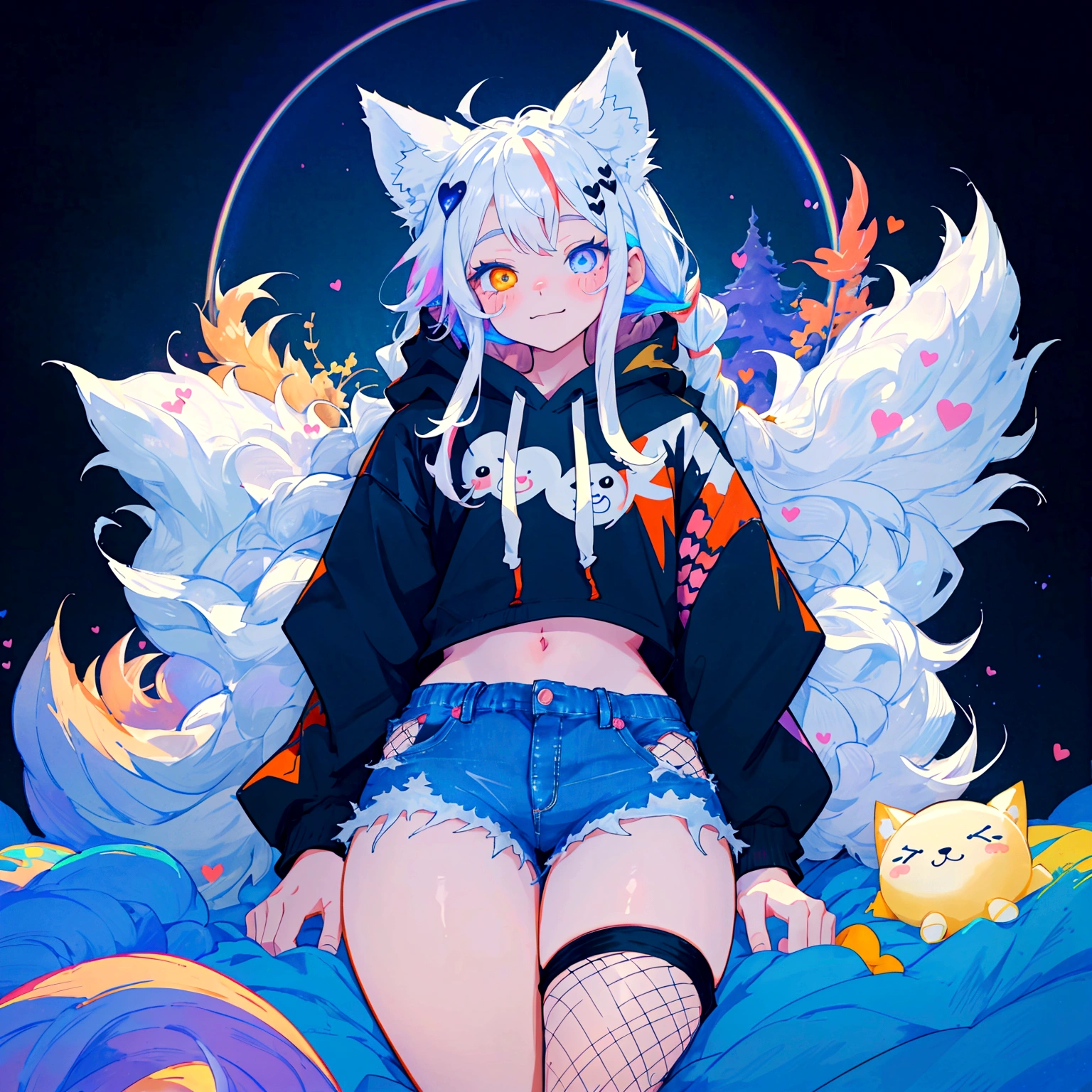 a cute adult male with wolf ears, long white hair, long locks, has a wolf tail, wearing a loose cropped black hoodie, wearing a pair of denim short shorts and fishnet stockings, thick thighs, wide hips, relaxing on mountain of fluffy multi colored kawaii plushies, short, very slim, showing slender tummy, heart on hoodie, squishy thighs, has glowing blue eyes. alone, solo (ALONE)(SOLO), surrounded by rainbows, colorful galaxy backround, smiling, ontop of a pile of fluffy plushes, plushies everywhere, kawaii plushies
