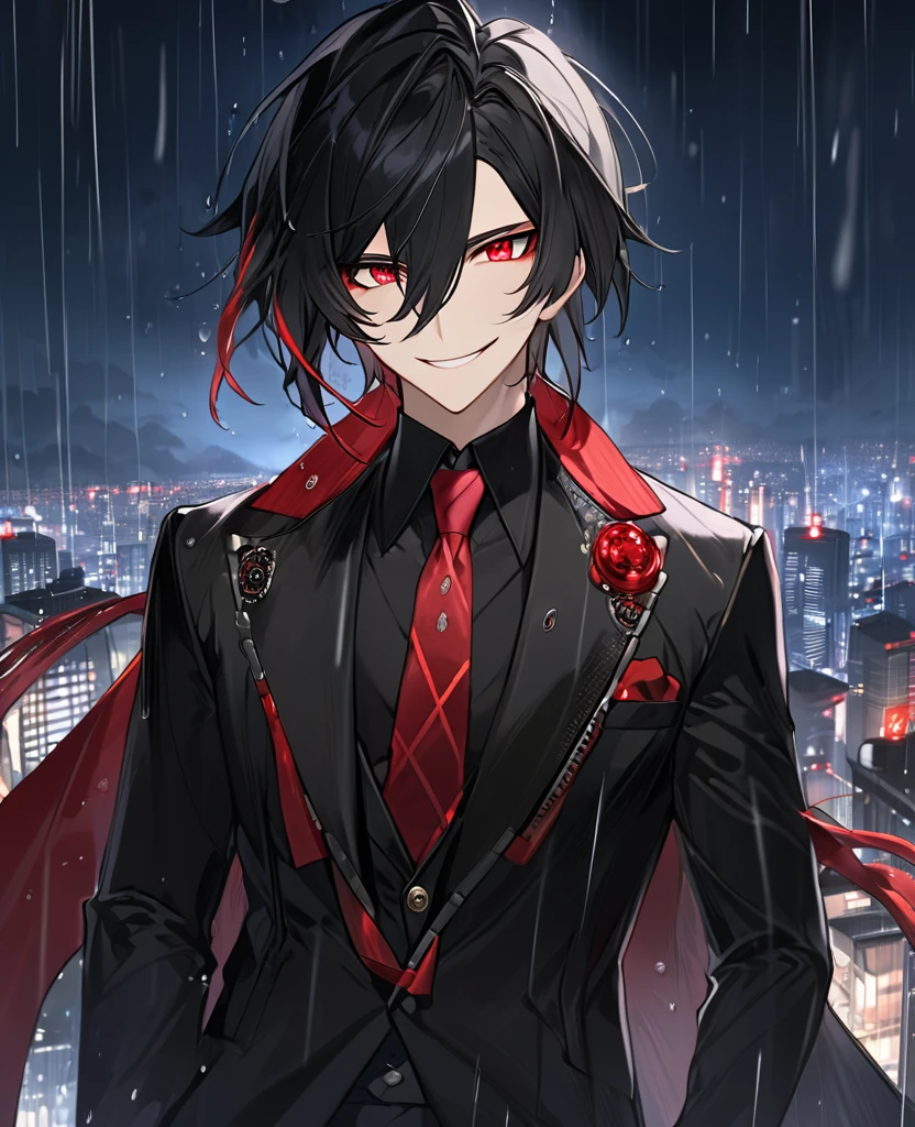  (black_hair), (Ruby_eyes), (detailed_eyes), (crazy_smile), (attractive), (night_city_background), (raining), (glowing_eyes), (male), (wearing _a_black_suit), (long_male_hair), (detailed_Hair), (detailed), (detailed_mouth), (broad_shoulders), wears a black top hat with a red ribbon edged trim,