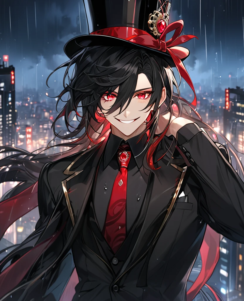 (black_hair), (Ruby_eyes), (detailed_eyes), (crazy_smile), (attractive), (night_city_background), (raining), (glowing_eyes), (male), (wearing _a_black_suit), (long_male_hair), (detailed_Hair), (detailed), (detailed_mouth), (broad_shoulders), wears a black top hat with a red ribbon edged trim,
