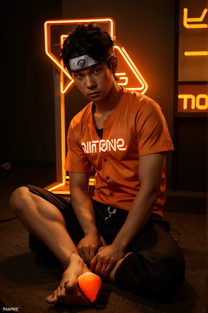 Naruto sitting beside the name text " putra " white orange neon lighting effects, 3d text