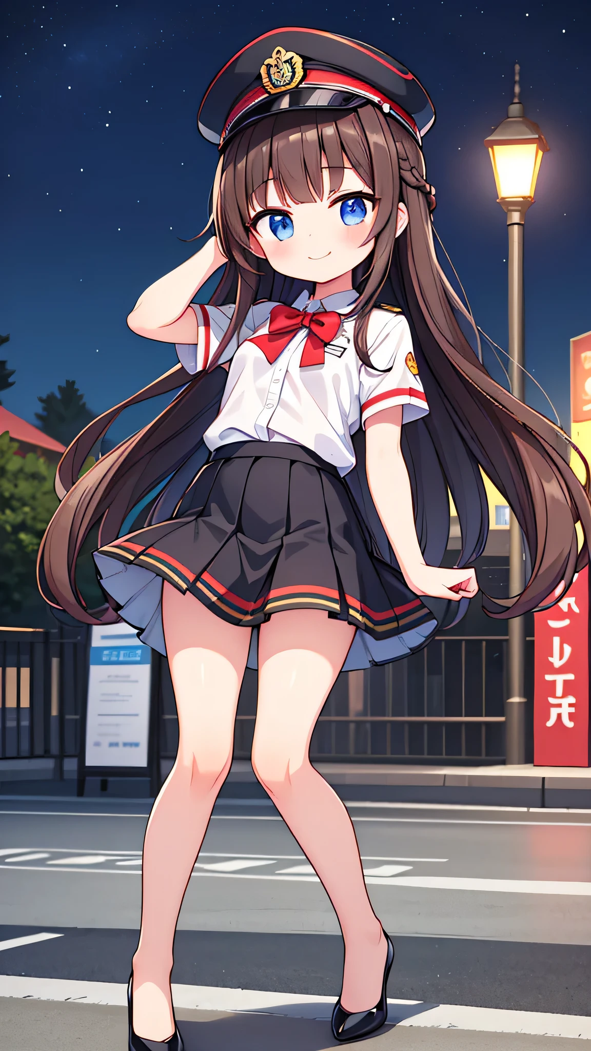 {Highest quality], [Super beautiful], [Ultra fine], [Best illustration], NSFW,Brown Hair, Hime cut,Braid, Long Hair, With bangs, girl, Uniform cap,Security uniform, smile, blush, Slender women,Short sleeve,Long straight skirt, Adult women,Strike a Pose,(Public）Night Park, diagonal,Bare feet and pumps, Plain black pumps