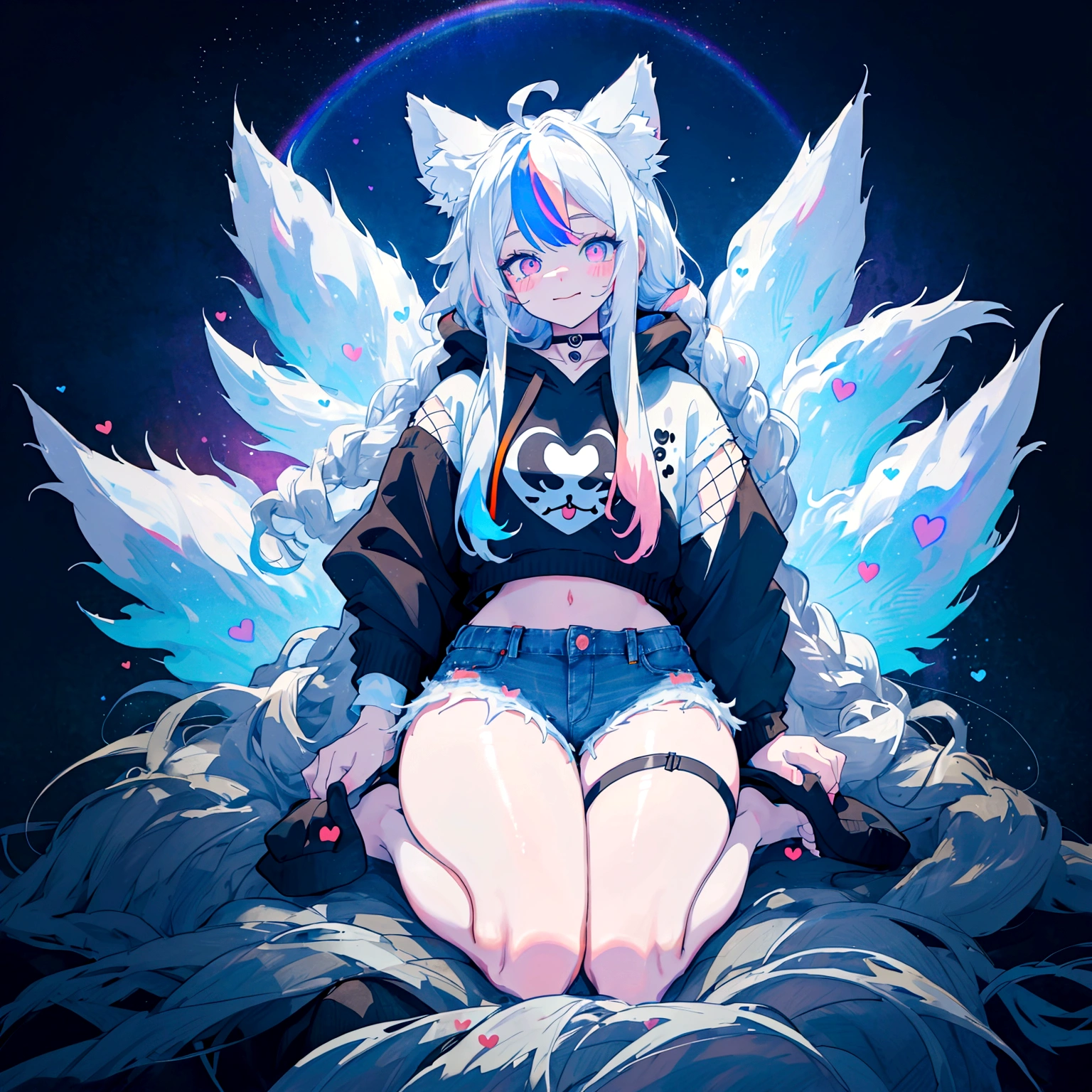 a cute adult male with wolf ears, long white hair, long locks, has a wolf tail, wearing a loose cropped black hoodie, wearing a pair of denim short shorts and fishnet stockings, thick thighs, wide hips, relaxing on mountain of fluffy multi colored kawaii plushies, short, very slim, showing slender tummy, heart on hoodie, squishy thighs, has glowing blue eyes. alone, solo (ALONE)(SOLO), surrounded by rainbows, colorful galaxy backround, smiling, ontop of a pile of fluffy plushes, plushies everywhere, kawaii plushies