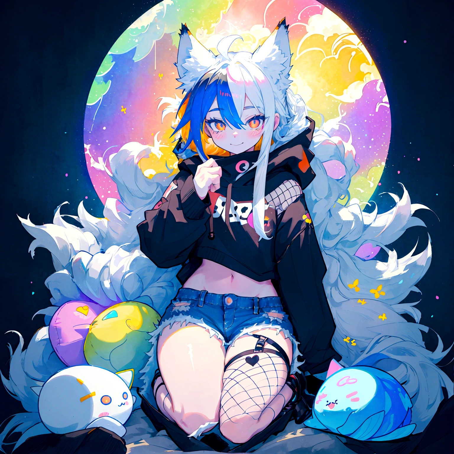 a cute adult male with wolf ears, long white hair, long locks, has a wolf tail, wearing a loose cropped black hoodie, wearing a pair of denim short shorts and fishnet stockings, thick thighs, wide hips, relaxing on mountain of fluffy multi colored kawaii plushies, short, very slim, showing slender tummy, heart on hoodie, squishy thighs, has glowing blue eyes. alone, solo (ALONE)(SOLO), surrounded by rainbows, colorful galaxy backround, smiling, ontop of a pile of fluffy plushes, plushies everywhere, kawaii plushies