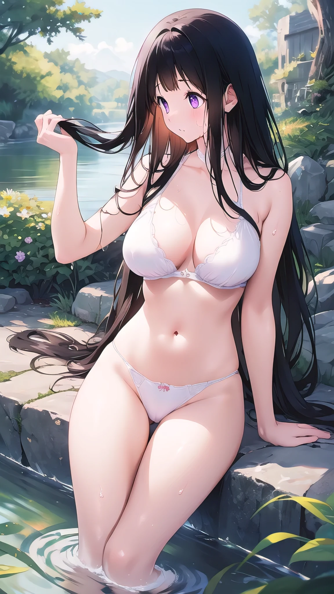 Beautiful Chitanda,There is only one beautiful girl,Purple Eyes, Black Hair, Natural straight hair, Straight bangs,Extremely refined,open your lips,Face is so red,Very white skin,Skin as delicate as porcelain,Glowing skin,big eyes,Flowing long hair,beautiful girl, Like a dream,Slim,Slim waist,soft, (sensuous), (Kawaii), Dream quality,By the River,No top,Flowers,Standing,Touch your body,Water Flow,Foam,Rub your breasts,crap,Sweaty and sweaty,Wet skin,Profile,Side breasts,Underwear Rain,(Completely naked),Gluteal groove,Completely naked back,nacked hip,Bare belly,very close,Deep V neckline,Loose neckline,Beautiful big breasts,No pants,Delicate clavicle,Delicate hands and feet,Bare neck,There are no clothes around the neck,Bare thighs,Exposing the groin,Camel toe,extremely shy,Ultra-high resolution, (masterpiece:1.2, best quality), (Delicate and beautiful eyes: 1.2), (Beautiful and delicate face)