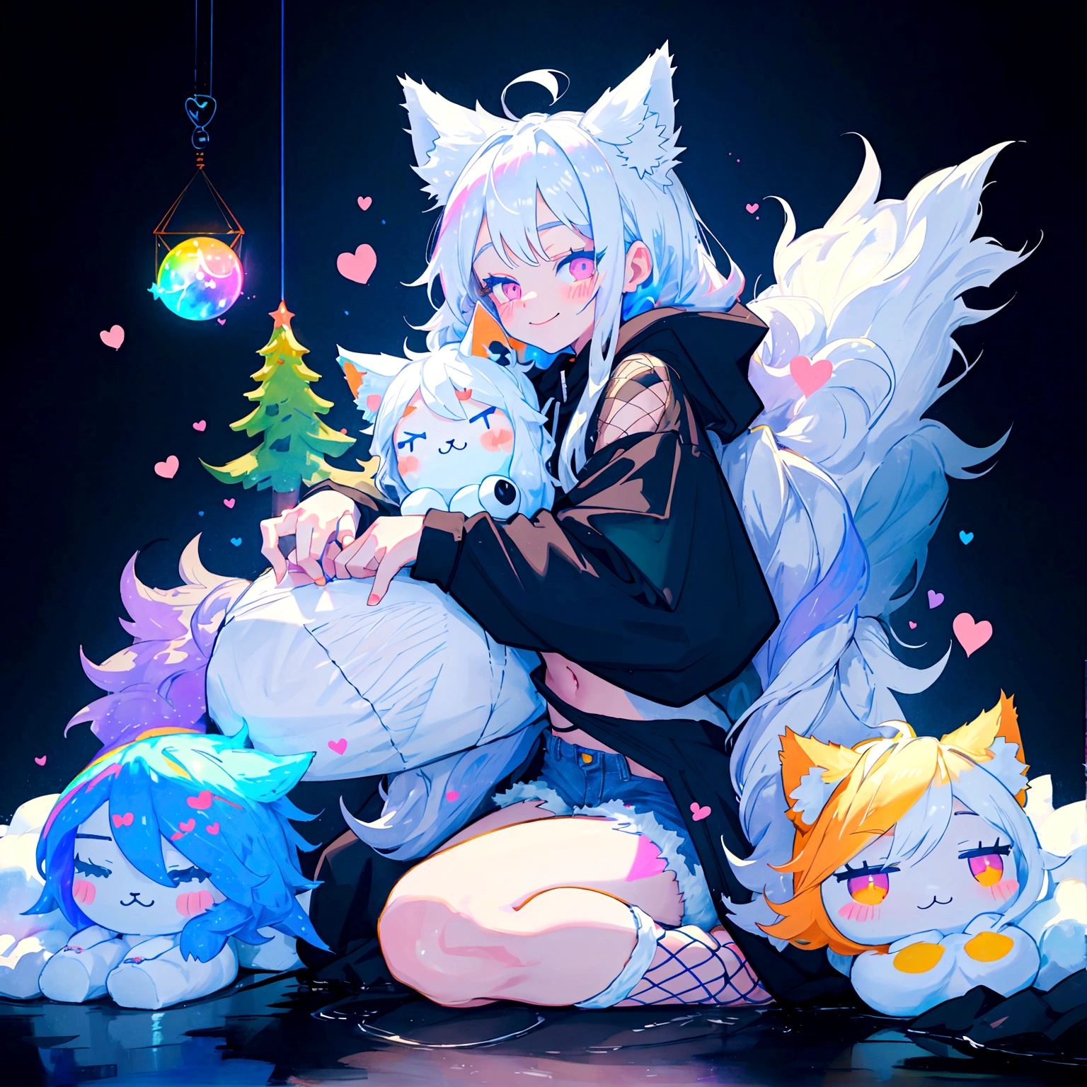 a cute adult male with wolf ears, long white hair, long locks, has a wolf tail, wearing a loose cropped black hoodie, wearing a pair of denim short shorts and fishnet stockings, thick thighs, wide hips, relaxing on mountain of fluffy multi colored kawaii plushies, short, very slim, showing slender tummy, heart on hoodie, squishy thighs, has glowing blue eyes. alone, solo (ALONE)(SOLO), surrounded by rainbows, colorful galaxy backround, smiling, ontop of a pile of fluffy plushes, plushies everywhere, kawaii plushies