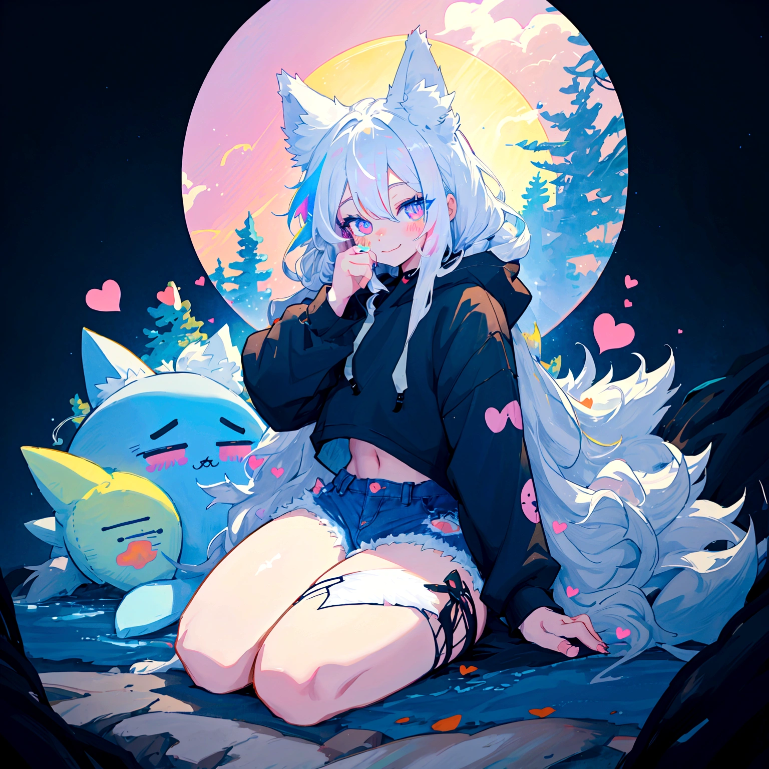 a cute adult male with wolf ears, long white hair, long locks, has a wolf tail, wearing a loose cropped black hoodie, wearing a pair of denim short shorts and fishnet stockings, thick thighs, wide hips, relaxing on mountain of fluffy multi colored kawaii plushies, short, very slim, showing slender tummy, heart on hoodie, squishy thighs, has glowing blue eyes. alone, solo (ALONE)(SOLO), surrounded by rainbows, colorful galaxy backround, smiling, ontop of a pile of fluffy plushes, plushies everywhere, kawaii plushies