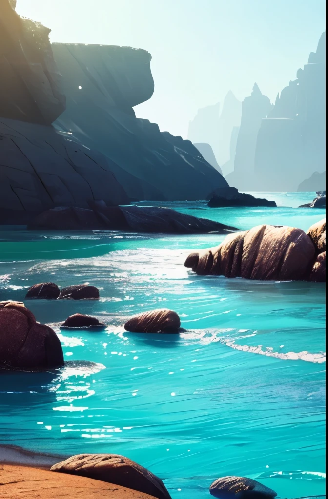a view of a beach with rocks and water in the middle, by Mike Winkelmann, by Mike "Beeple" Winkelmann, realism | beeple, beeple |, wide angle fantasy art, beeple and mike winkelmann, by Beeple, by Martin Deschambault, surrealism!!!!! concept art