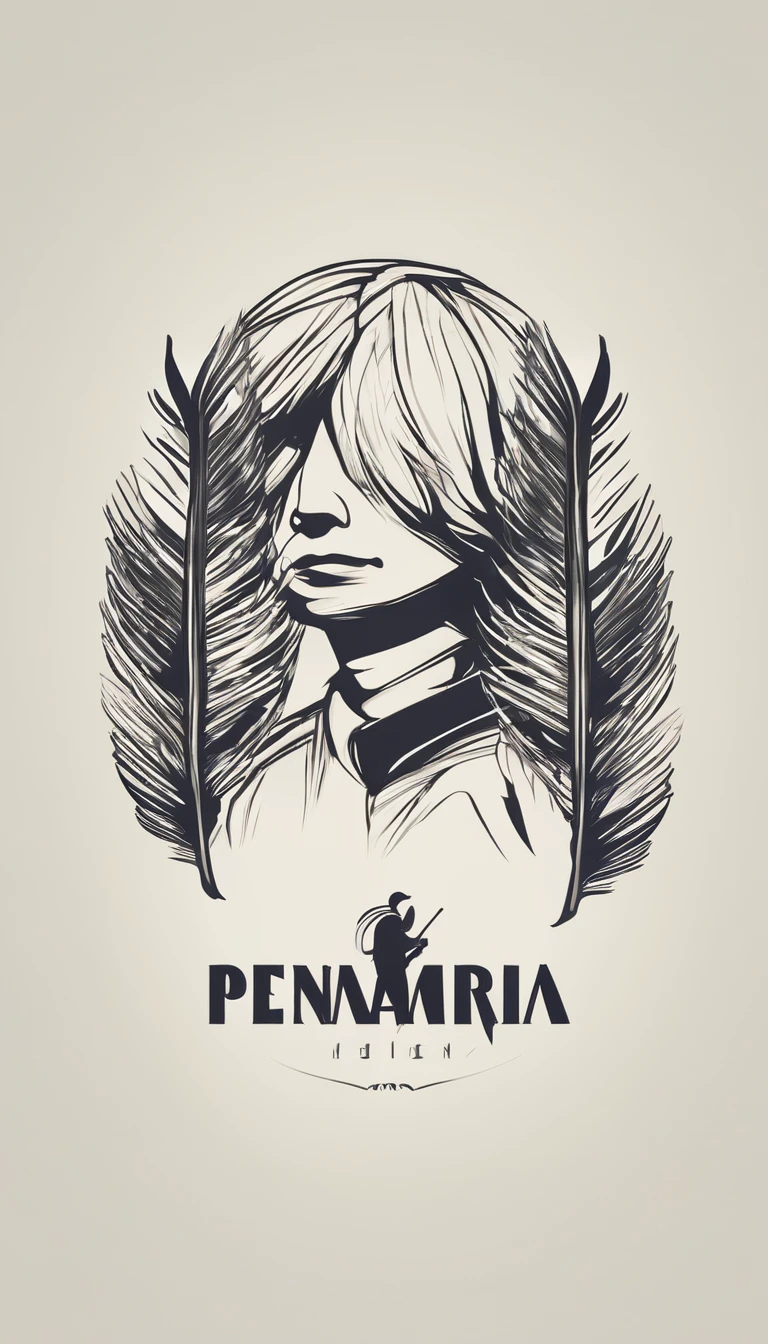 A minimal, modern, simple, cinematic logo design e of a boy with a head full of feathers for the brand “Penamemoria" .