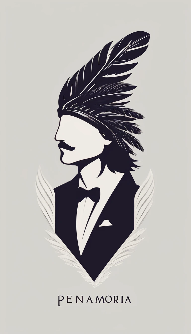 A minimal, modern, simple, cinematic logo design e of a boy with a head full of feathers for the brand “Penamemoria" .