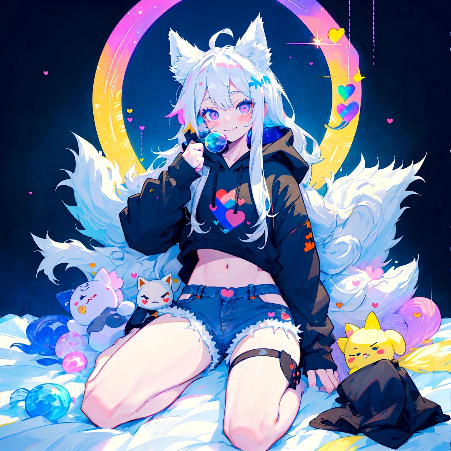 a cute adult male with wolf ears, long white hair, long locks, has a wolf tail, wearing a loose cropped black hoodie, wearing a pair of denim short shorts and fishnet stockings, thick thighs, wide hips, relaxing on mountain of fluffy multi colored kawaii plushies, short, very slim, showing slender tummy, heart on hoodie, squishy thighs, has glowing blue eyes. alone, solo (ALONE)(SOLO), surrounded by rainbows, colorful galaxy backround, smiling, ontop of a pile of fluffy plushes, plushies everywhere, kawaii plushies