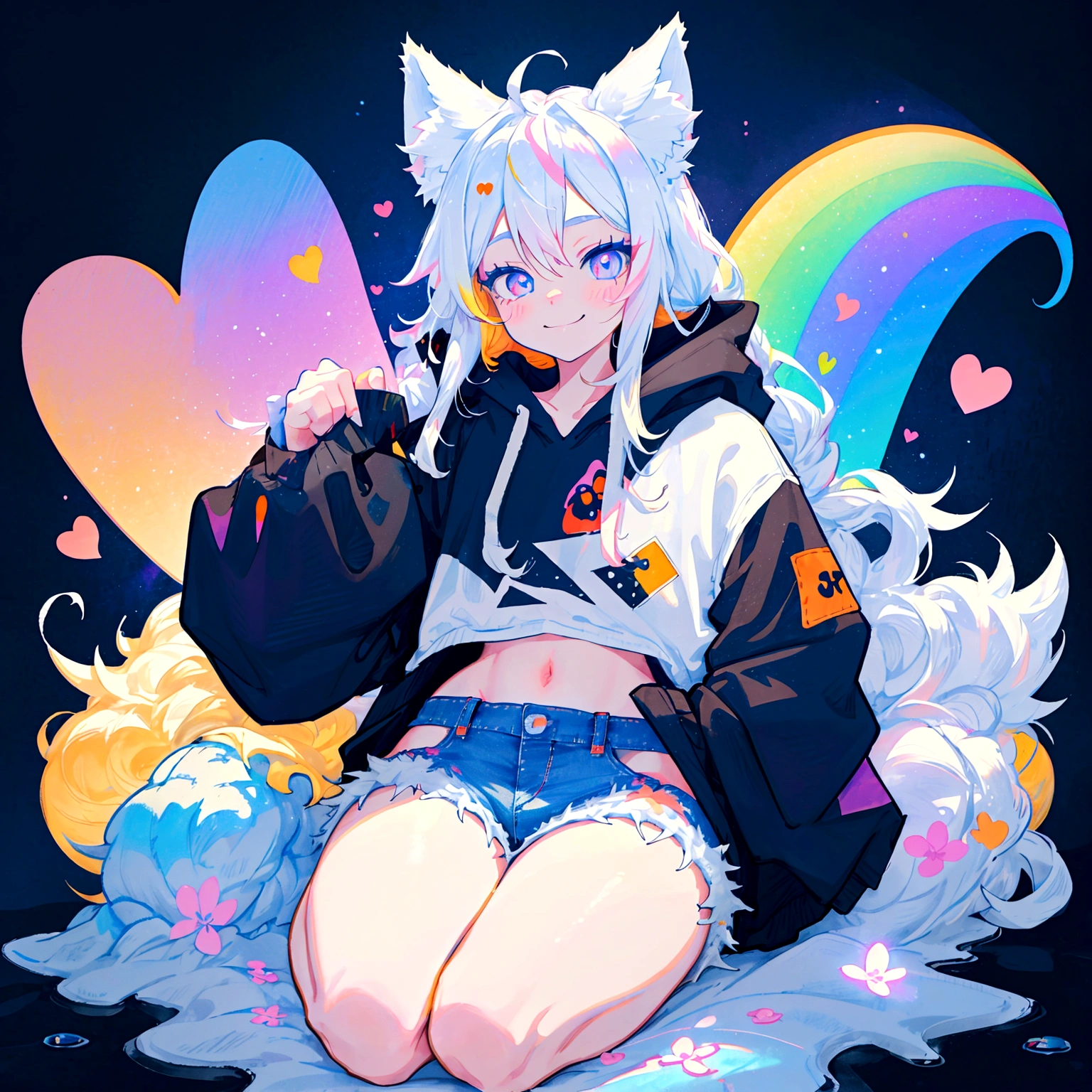 a cute adult male with wolf ears, long white hair, long locks, has a wolf tail, wearing a loose cropped black hoodie, wearing a pair of denim short shorts and fishnet stockings, thick thighs, wide hips, relaxing on mountain of fluffy multi colored kawaii plushies, short, very slim, showing slender tummy, heart on hoodie, squishy thighs, has glowing blue eyes. alone, solo (ALONE)(SOLO), surrounded by rainbows, colorful galaxy backround, smiling, ontop of a pile of fluffy plushes, plushies everywhere, kawaii plushies
