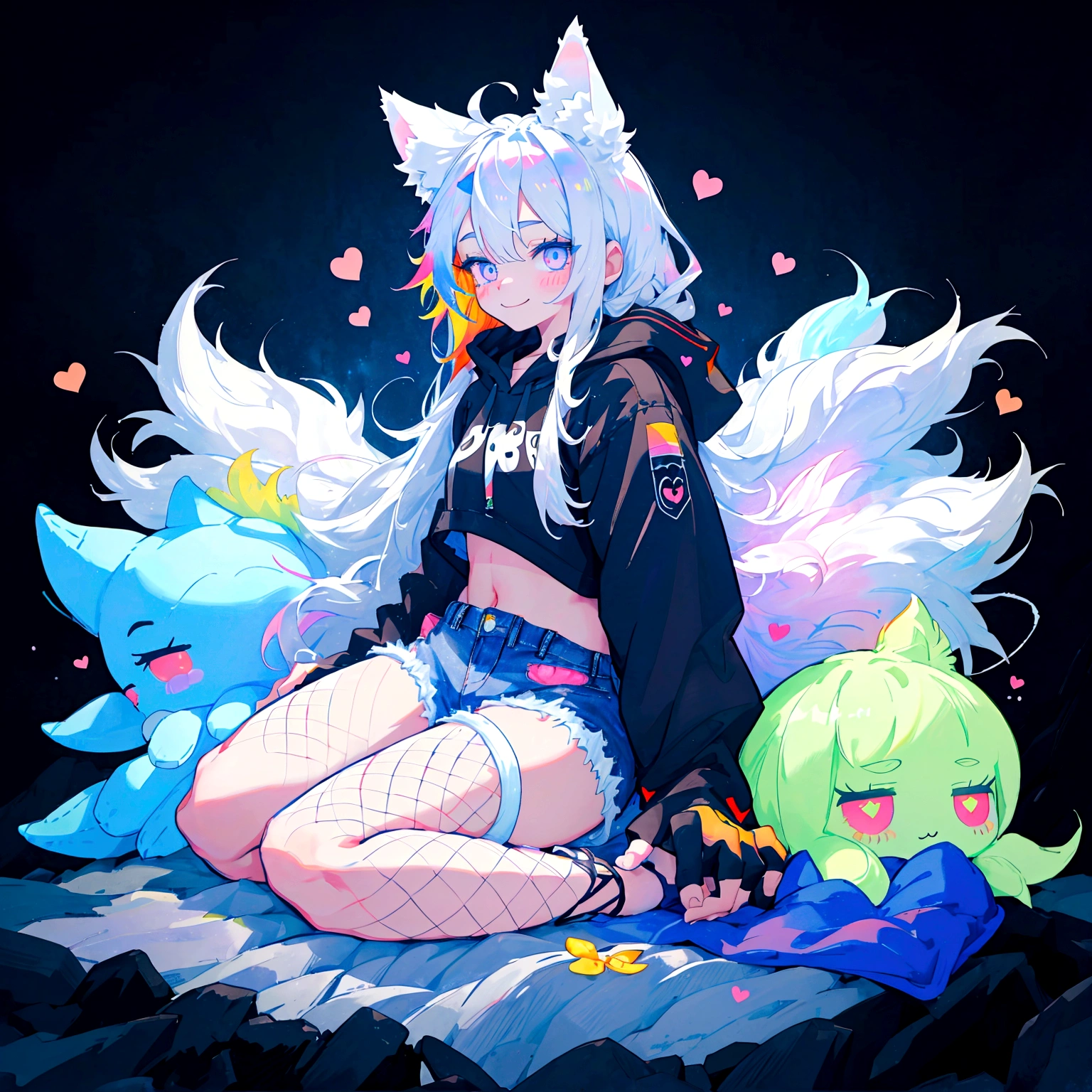 a cute adult male with wolf ears, long white hair, long locks, has a wolf tail, wearing a loose cropped black hoodie, wearing a pair of denim short shorts and fishnet stockings, thick thighs, wide hips, relaxing on mountain of fluffy multi colored kawaii plushies, short, very slim, showing slender tummy, heart on hoodie, squishy thighs, has glowing blue eyes. alone, solo (ALONE)(SOLO), surrounded by rainbows, colorful galaxy backround, smiling, ontop of a pile of fluffy plushes, plushies everywhere, kawaii plushies