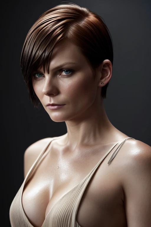 Gorgeous european woman with very short hair, short hair with fringe, wet hair, hair slicked back, combed straight back, slick hair, streaked ginger hair, seductive pose, kirsten dunst, torn ragged clothes, cleavage, solid dark grey background