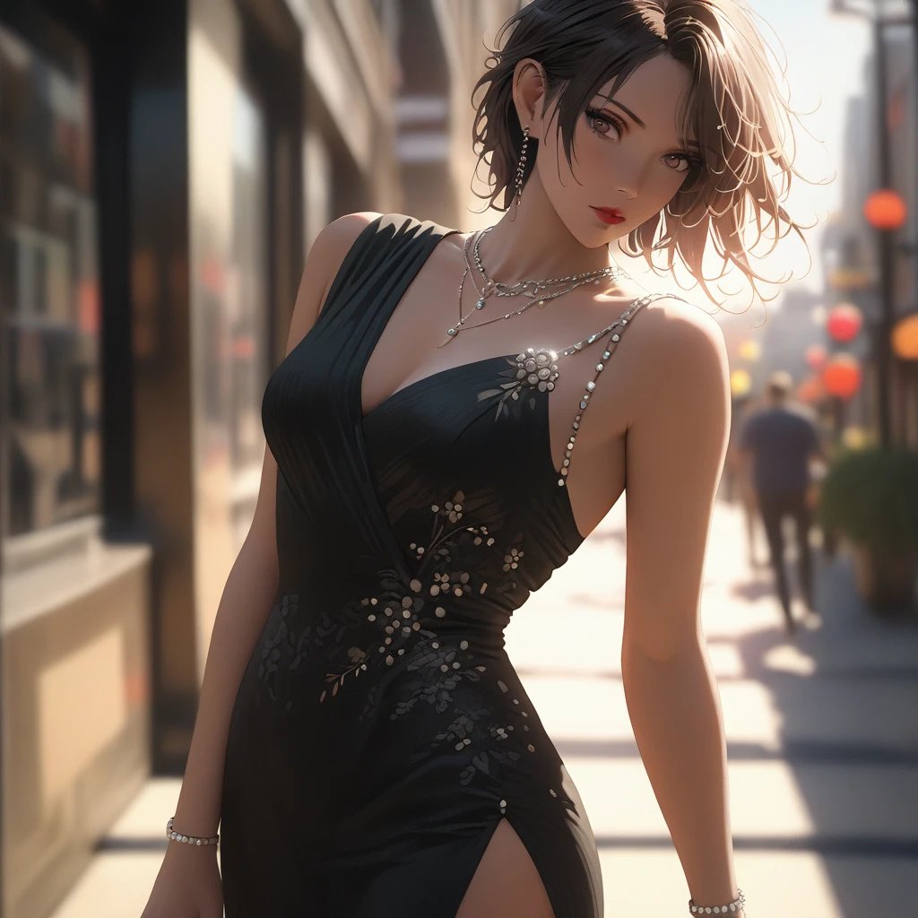 (best quality, 8k, masterpiece, highres, ultra-detailed), photorealistic, Tsukasa Hojo style, woman, black evening gown, form-fitting, high heels, standing, dimly lit bar, deep eyes, alluring gaze, captivating red lips, delicate features, soft shadows, elegant pose, confident expression, subtle details, realistic skin, minimalist background, low-key lighting, film grain.
