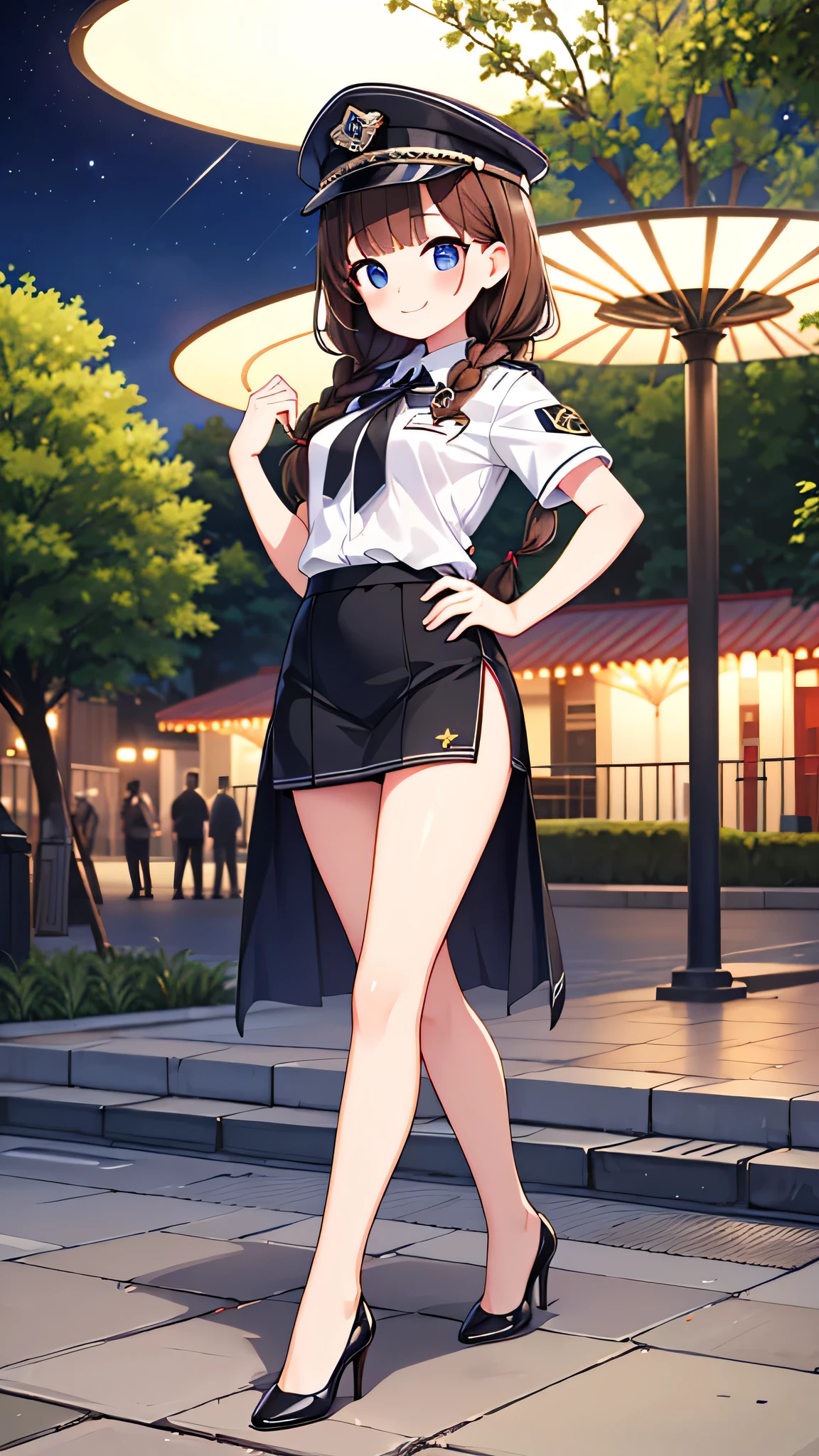 {Highest quality], [Super beautiful], [Ultra fine], [Best illustration], NSFW,Brown Hair, Hime cut,Braid, Long Hair, With bangs, girl, Uniform cap,Security uniform, smile, blush, Slender women,Short sleeve,Long straight skirt, Adult women,Strike a Pose,(Public）Night Park, diagonal,Bare feet and pumps, Plain black pumps